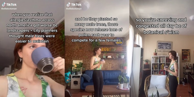 woman standing in apartment drinking from mug with captions about pollen