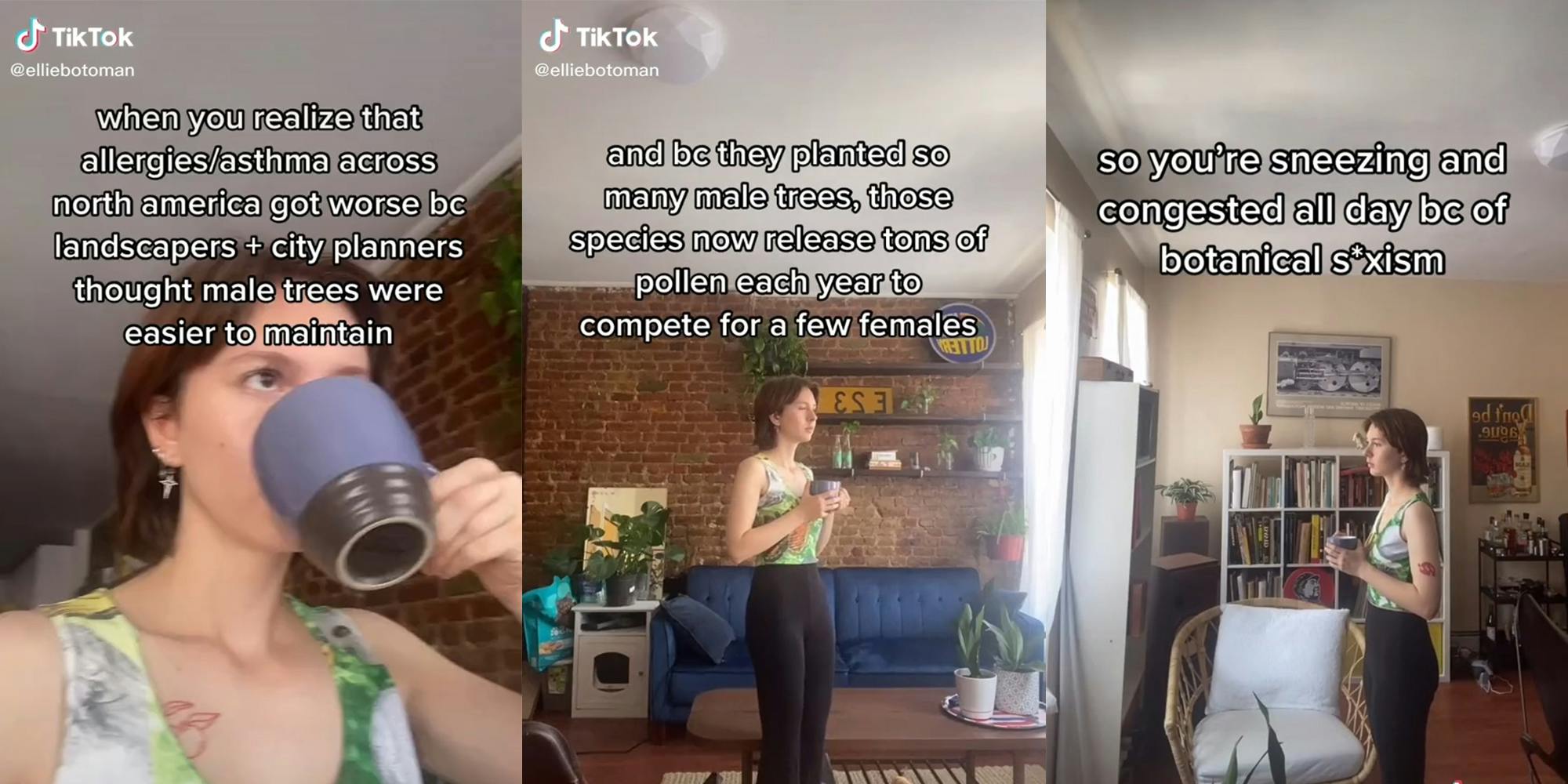 woman standing in apartment drinking from mug with captions about pollen