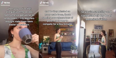 woman standing in apartment drinking from mug with captions about pollen
