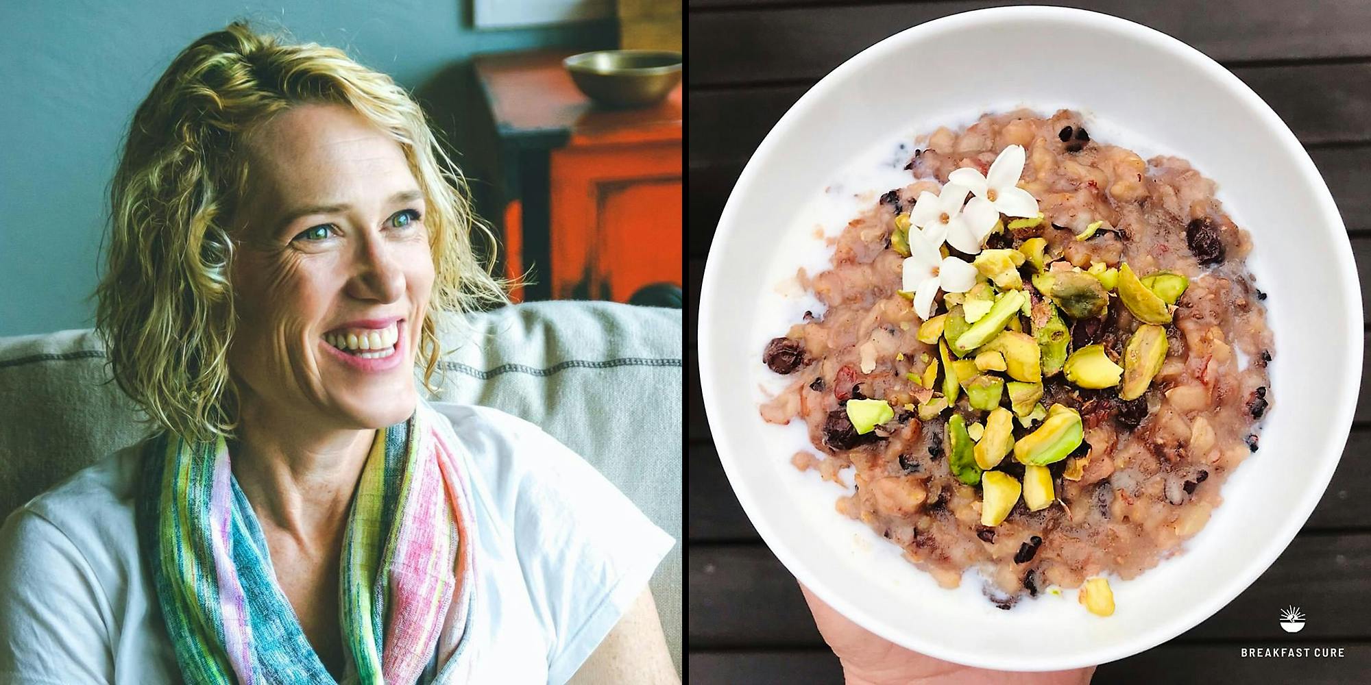 A woman (L) and a bowl of congee (R).