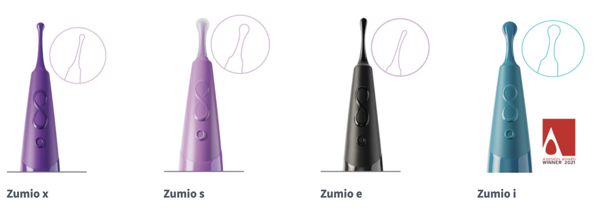 Zumio's line of clitoral stimulators is available in four slightly different versions and colors.