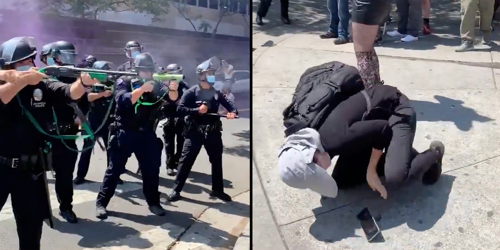 Cops with guns (L) and a woman falling to the ground (R).