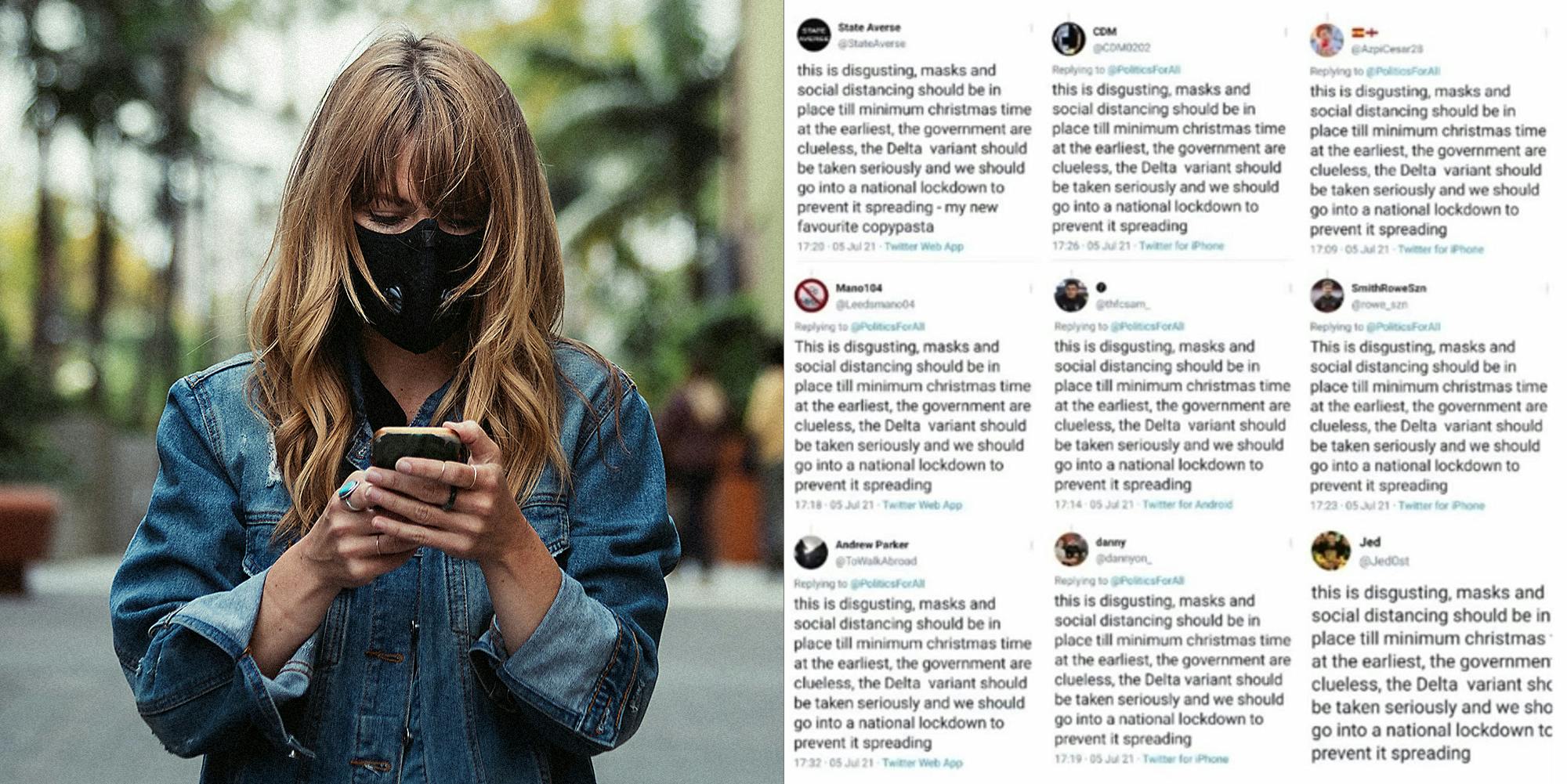 A woman wearing a mask on a cellphone.