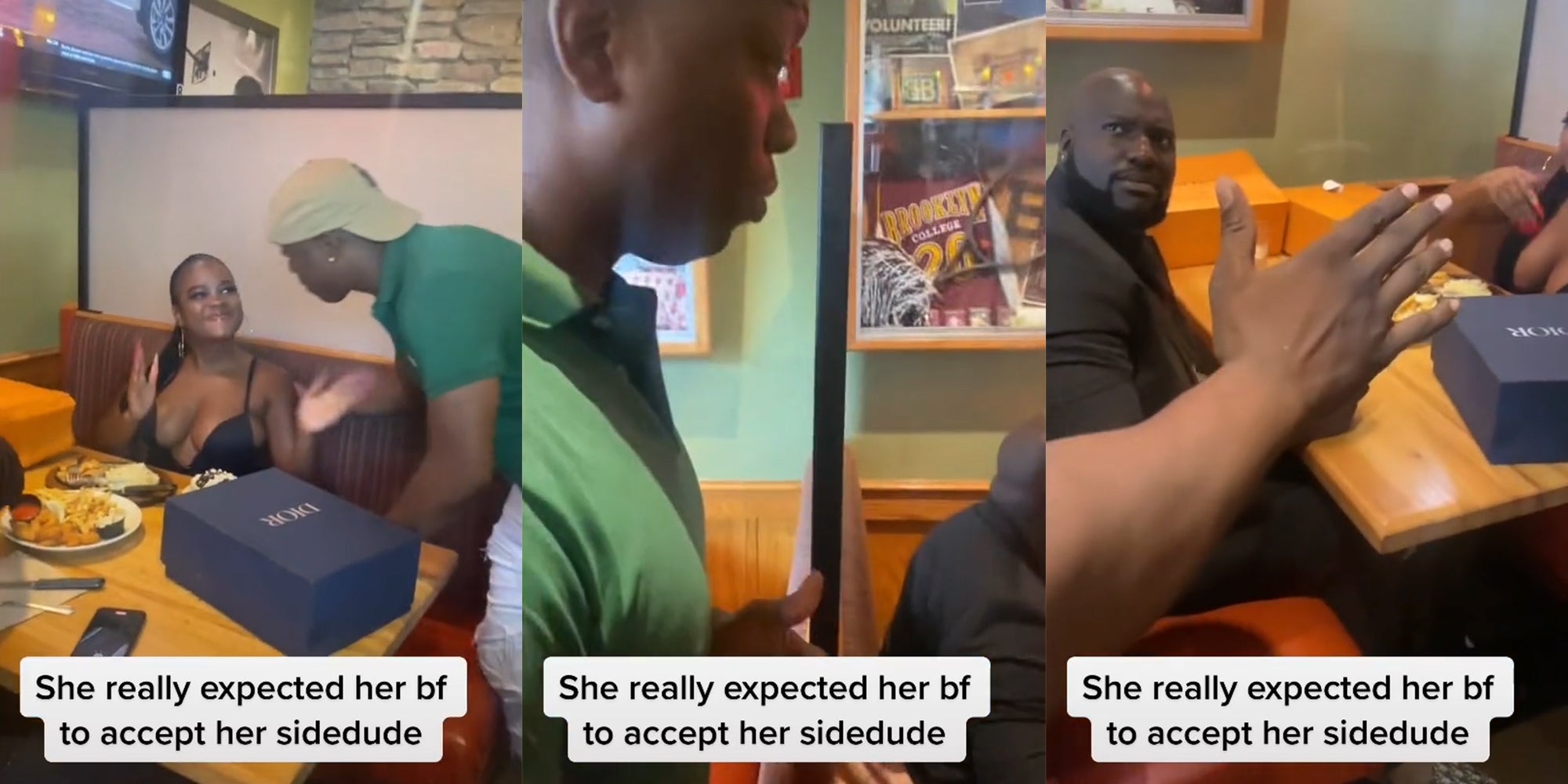 smiling woman greets man (l) man shrugging (c) man at table looking over his shoulder, confused (r) all with caption 'She really expected her bf to accept her sidedude'