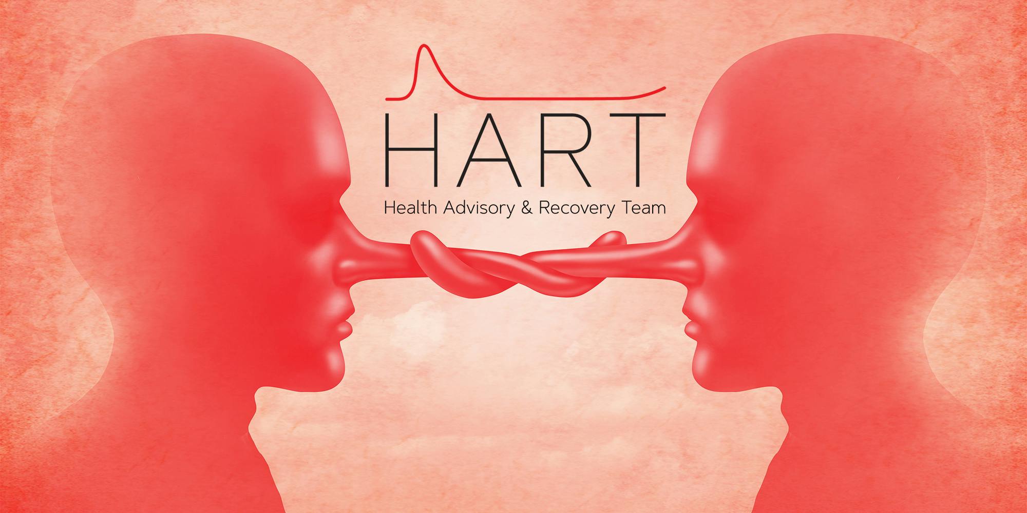 Two people with long noses intertwined with HART Health Advisory & Recovery Team logo