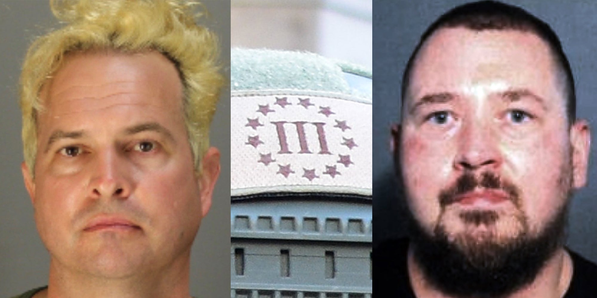 ian rogers mugshot (l) three percenter logo on helmet (c) jarrod copeland mugshot (r)