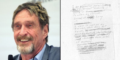 John McAfee (L) and a hand written note (R).