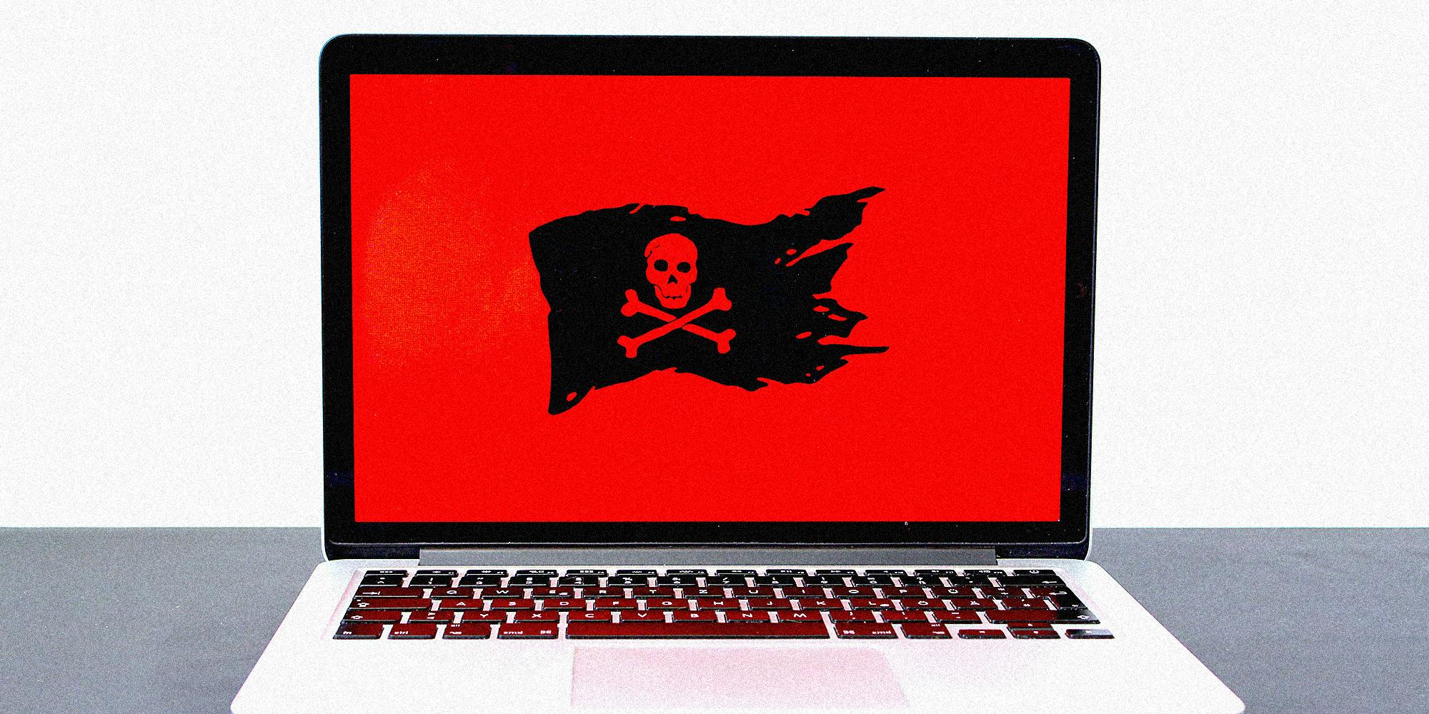 A laptop with pirate flag.