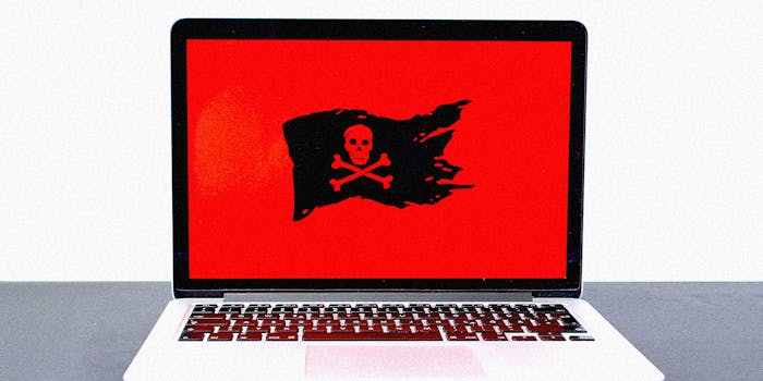 A laptop with pirate flag.