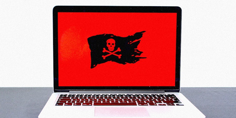 A laptop with pirate flag.