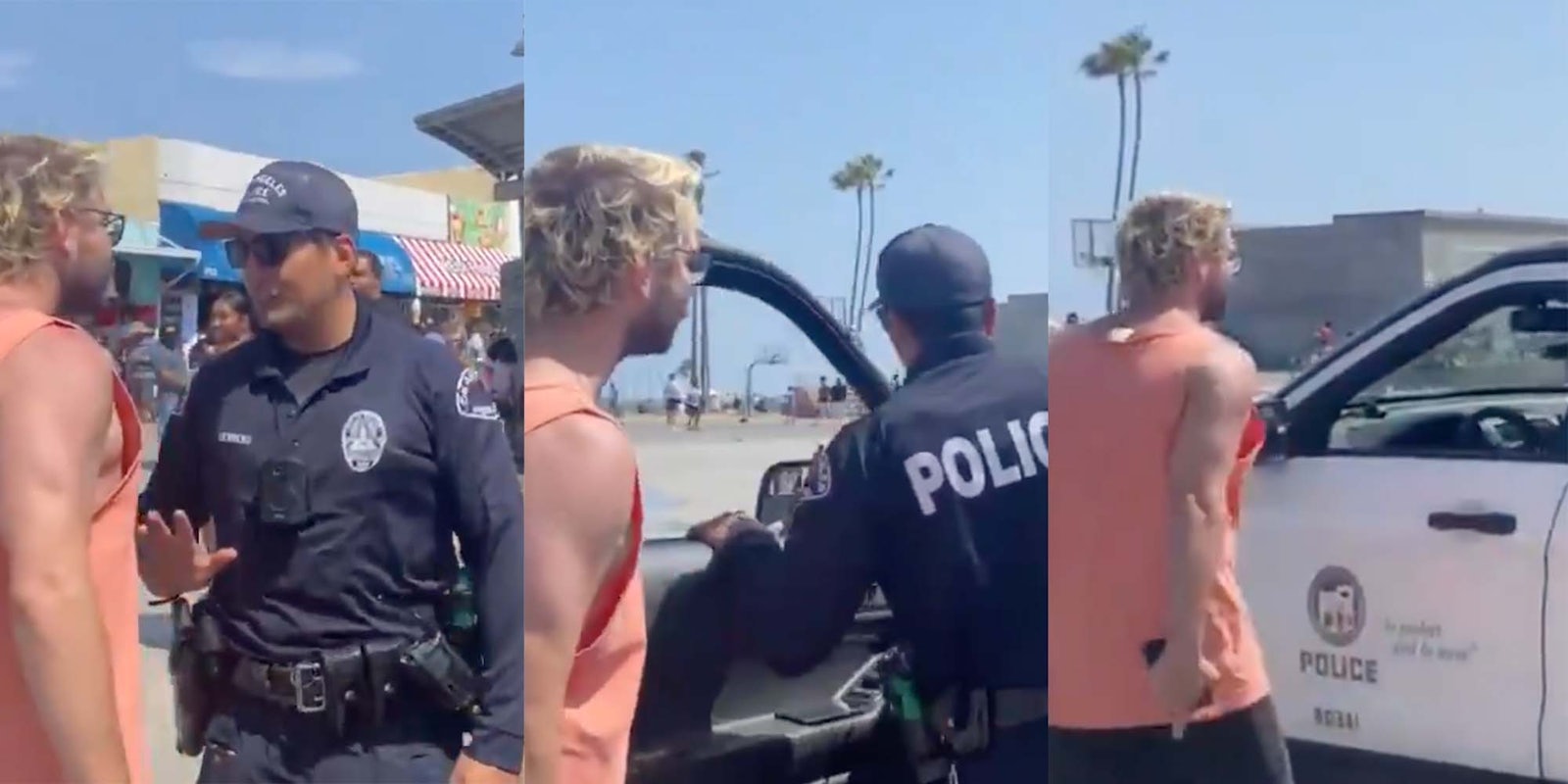 In a video posted to Twitter, a white man is seen pressuring an LAPD officer to get into his car after intimidating people on an LA boardwalk.