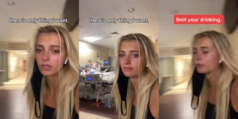 teary-eyed young woman (l) films herself in front of person laying in hospital bed with caption "there's only thing i want." (c) same young woman with eyes closed and caption "limit your drinking."