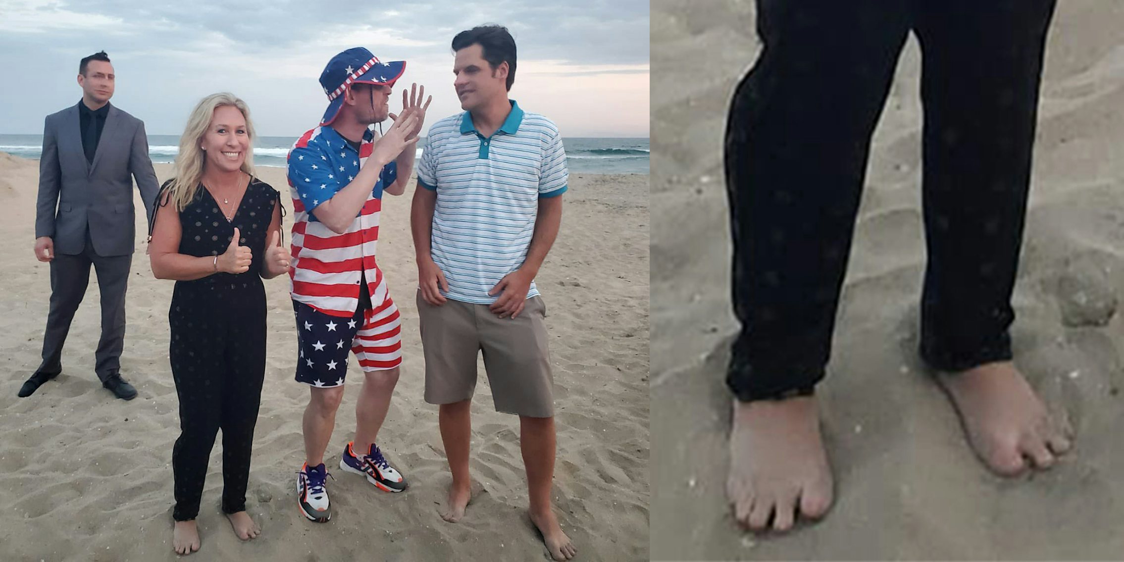 Marjorie Taylor Greene with Matt Gaetz and two other men on a beach (L) Feet in sand (R)