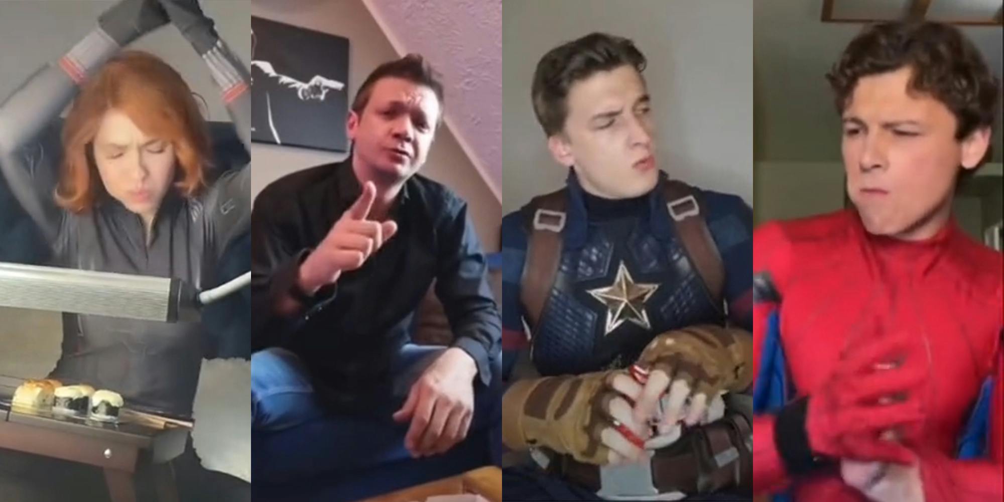 Black Widow, Hawkeye, Captain America and Spiderman doing TikTok dance