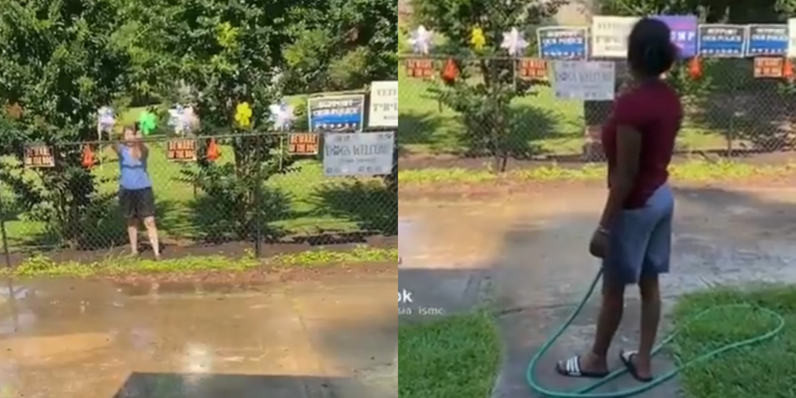 woman behind fence covered in Trump and Beware of Dog signs giving neighbor the finger (l) woman standing holding hose (r)