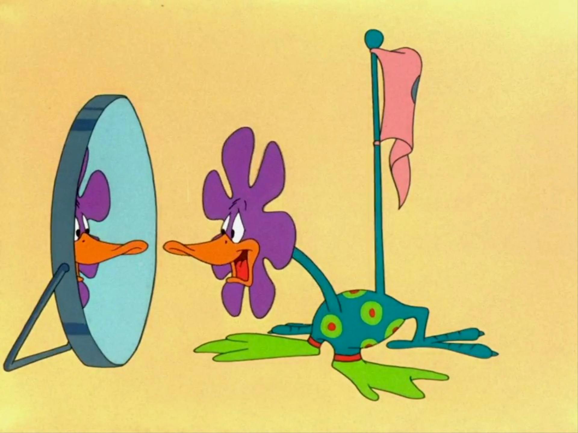 daffy duck looking into a mirror and designed with flower petals, a flag tail, and four webbed feet