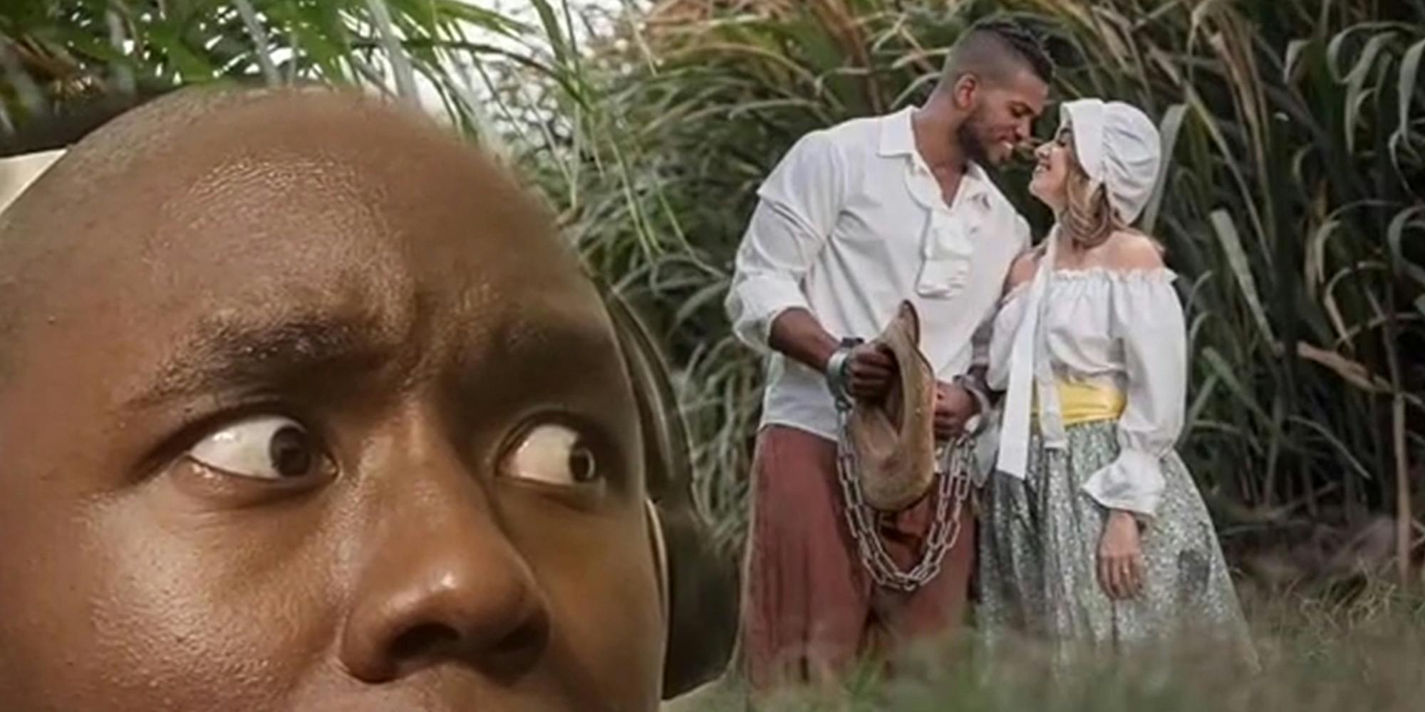 man reacting to photo of couple dressed as slave and plantation owner