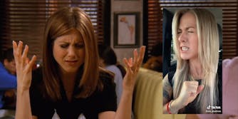 Rachel from "Friends" with her eyes squinted as she gestures, woman with similar expression (inset)