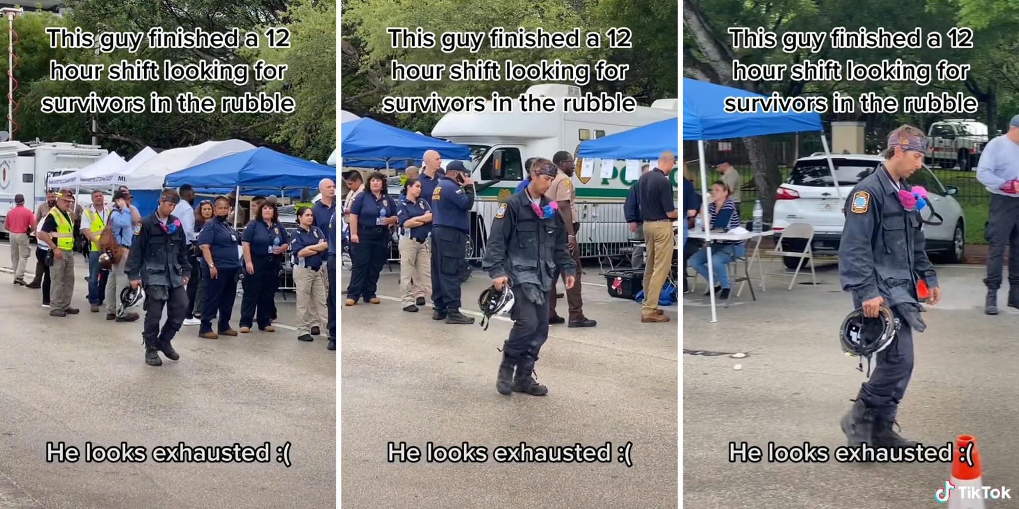 rescue worker walking through parking lot with helmet with caption "This guy finished a 12 hour shift looking for survivors in the rubble. He looks exhausted :("