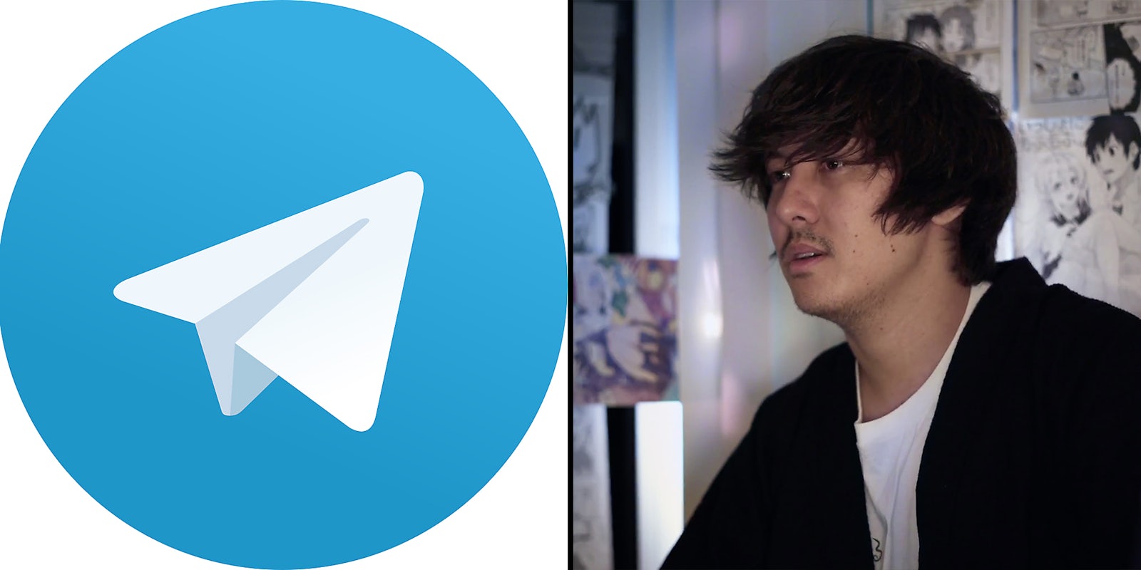 A cartoon paper plane, the logo for Telegram (L), and Ron Watkins looking off camera (R).