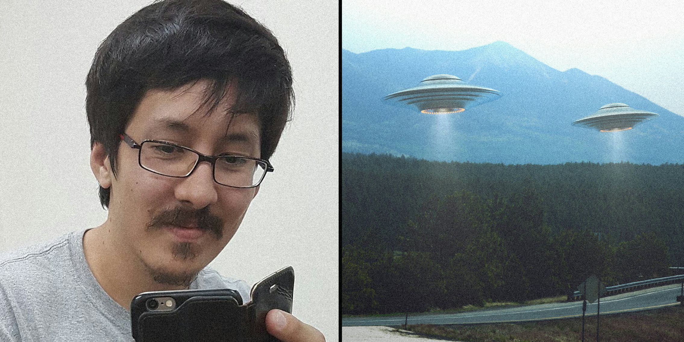 A man (L) and fake UFOs (R).