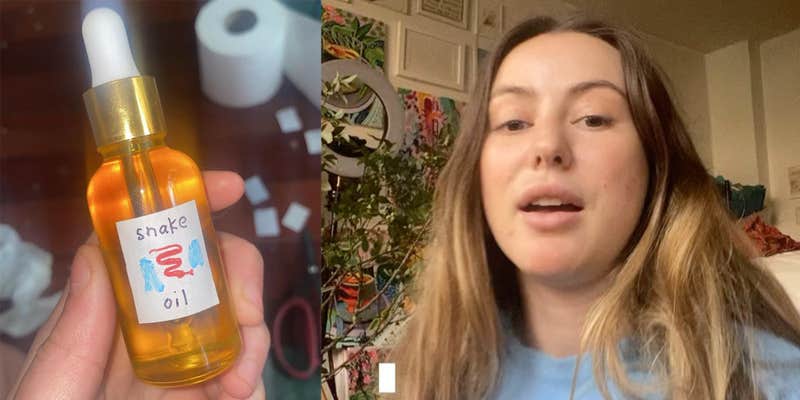 Dropper bottle labeled "Snake oil" (l) Caroline Calloway (r)