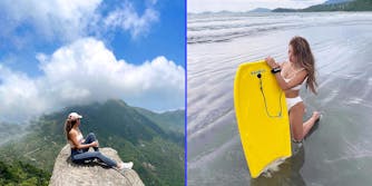 A woman on a mountain (L) and a woman on the beach (R).