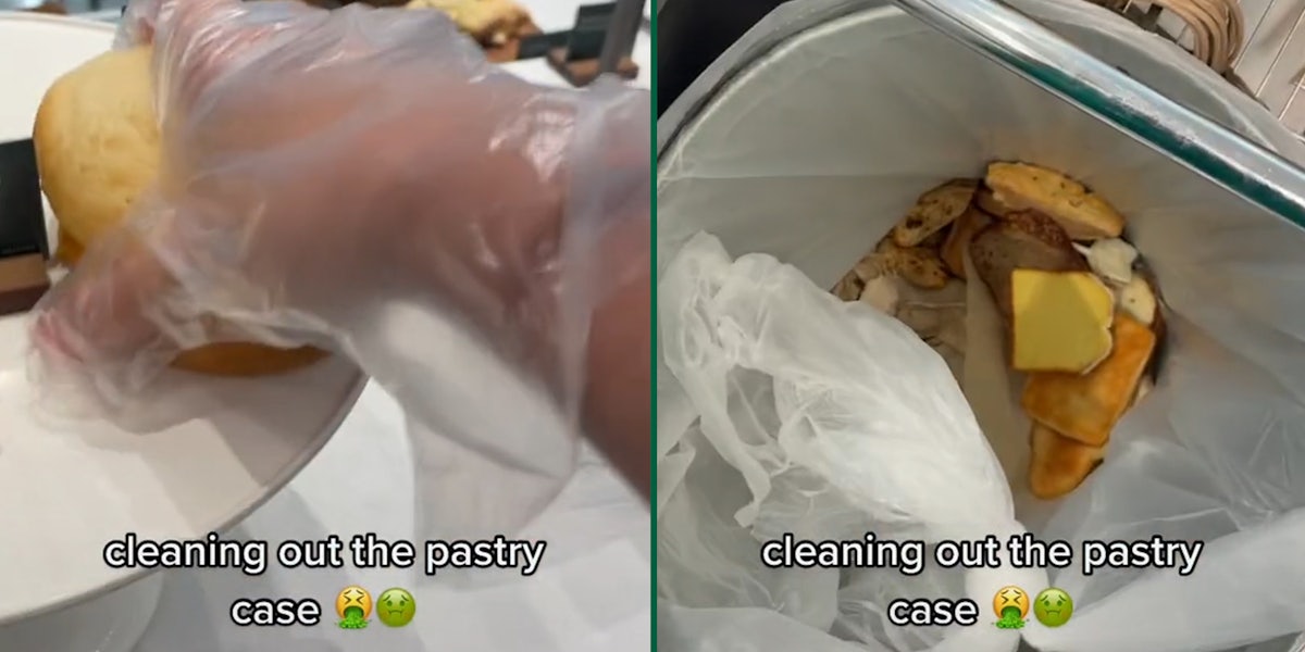 Gloved hand grabbing food item and throwing it in the trash with caption 'cleaning out the pastry case'