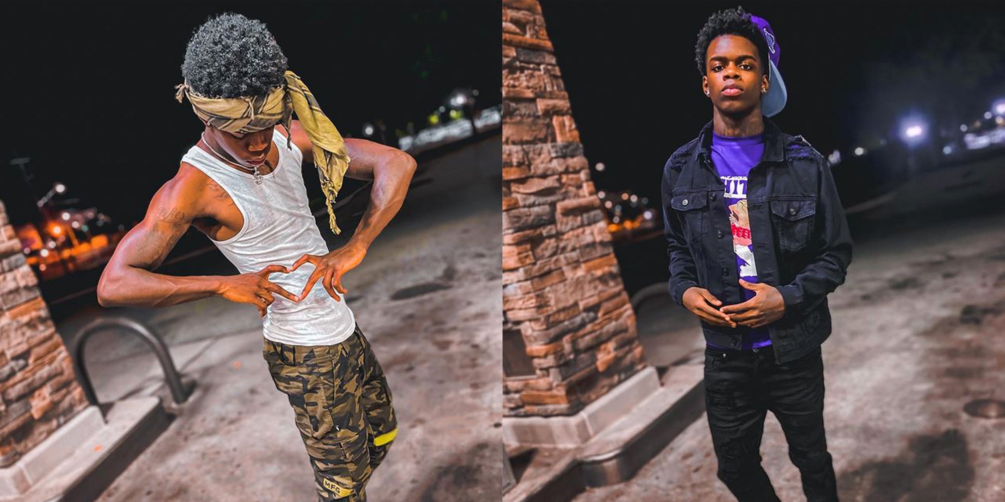 young man making heart symbol with hands (l) same young man at gas station (r)