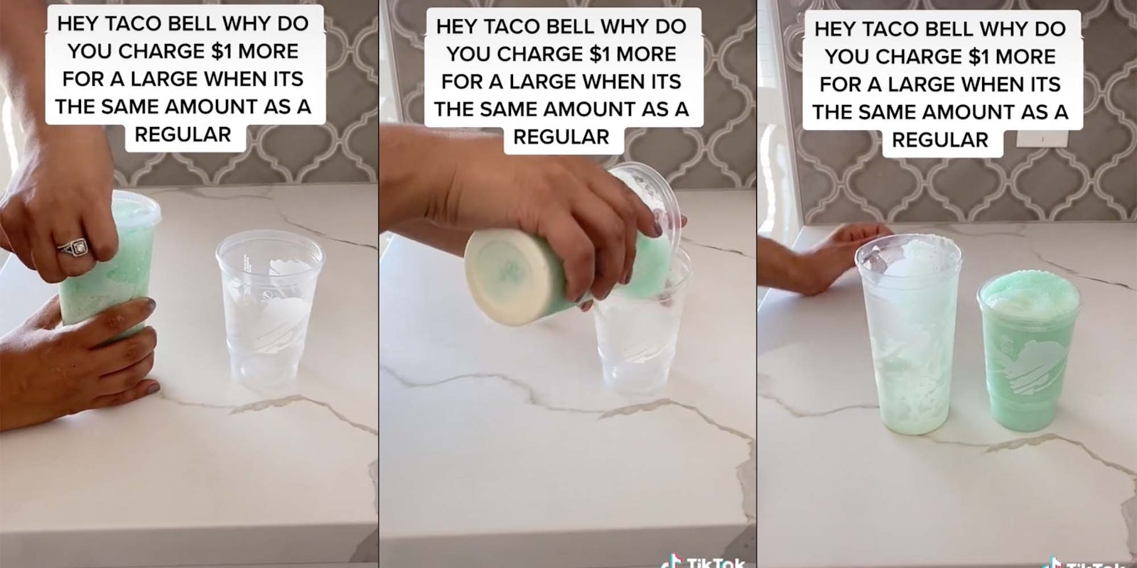 A TikTok video shows that the volumes of large and regular sized cups at Taco Bell are similar.