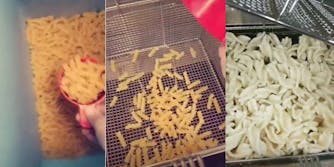 uncooked wheat/rice/corn pasta, tossing uncooked pasta in deep fryer, puffed up cooked noodles
