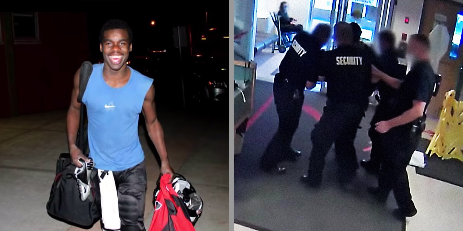 A smiling teen (L) and police removing the teenager from a hospital (R).