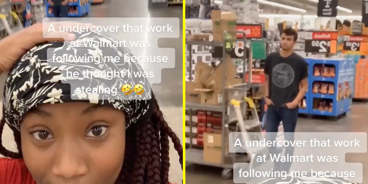 A woman looking into camera (L) and a man standing in Walmart (R).