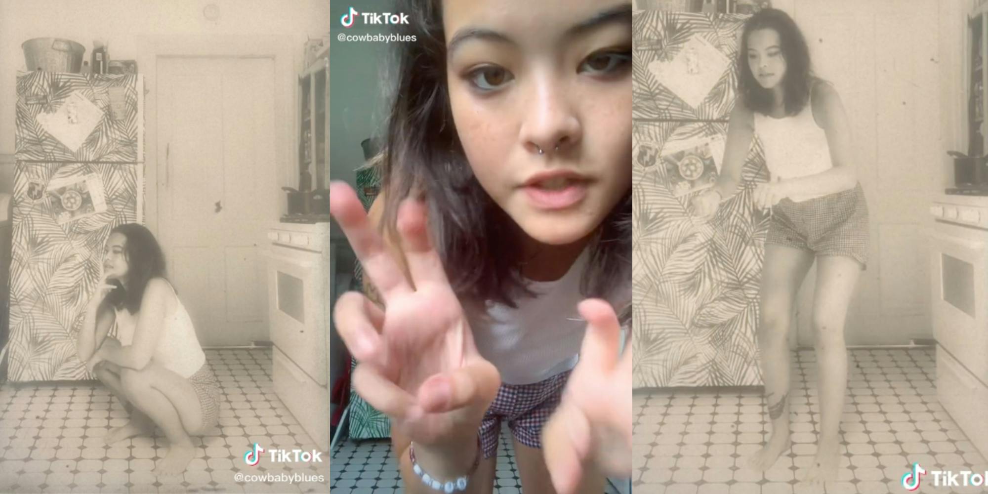 tiktok user @cowbabyblues demonstrates what a stereotypical photo of an asian person in chinatown looks like