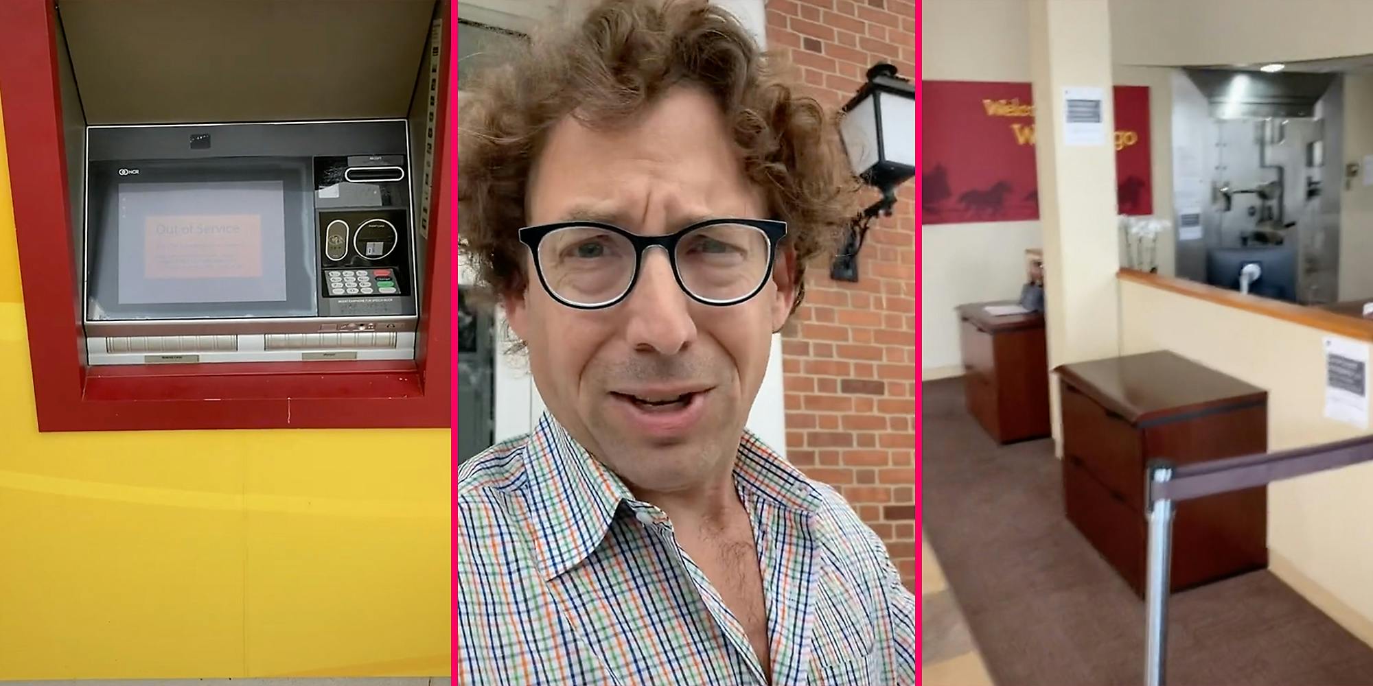 An ATM (L), a man looking into camera (C), and a bank vault (R).