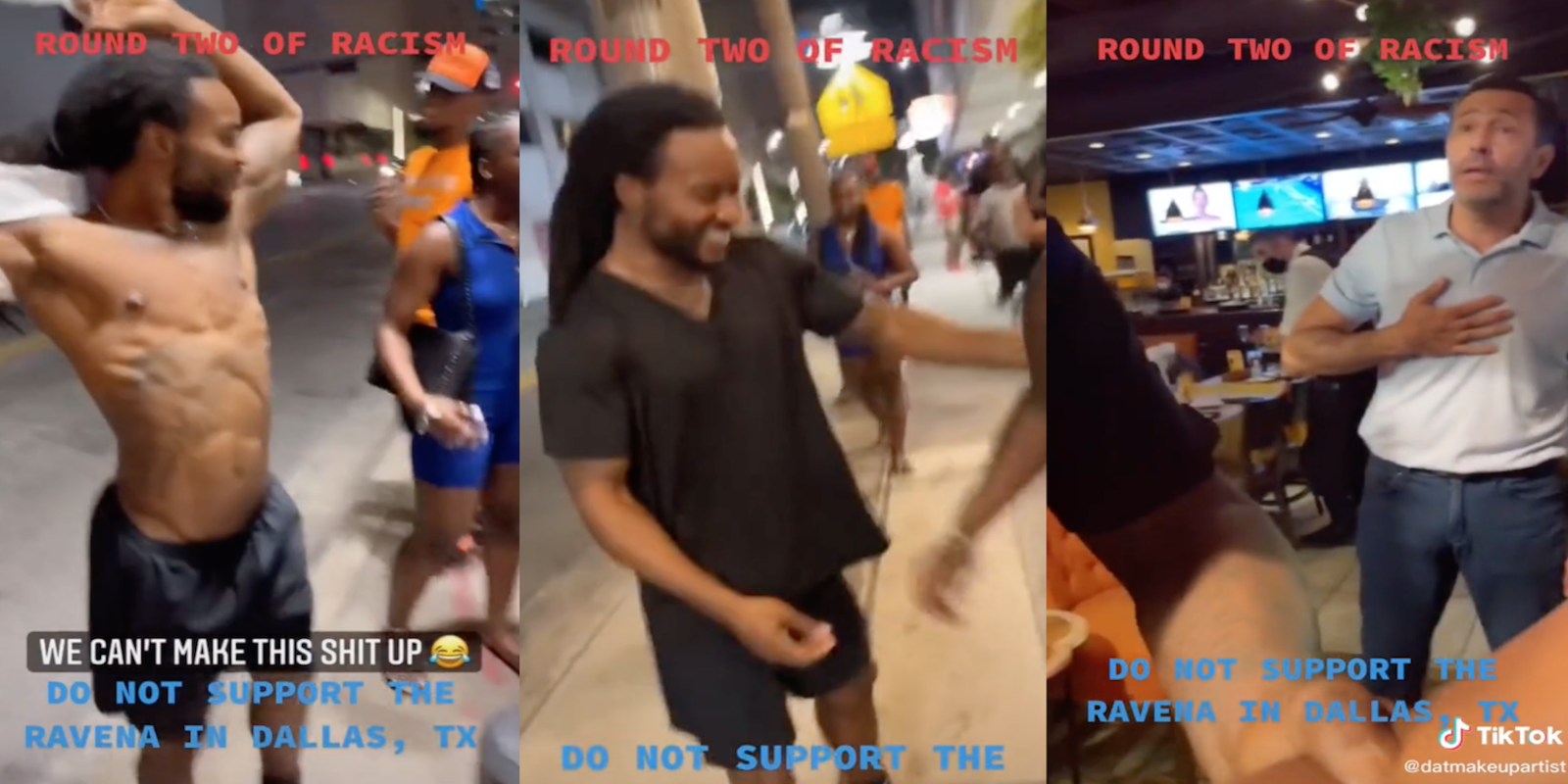 Three panel screenshot from TikTok where family is refused service for clothing. First panel shows man taking off tanktop. Second panel shows man wearing Black shirt traded with mom. Third panel shows restaurant manager standing at doorway of restaurant.
