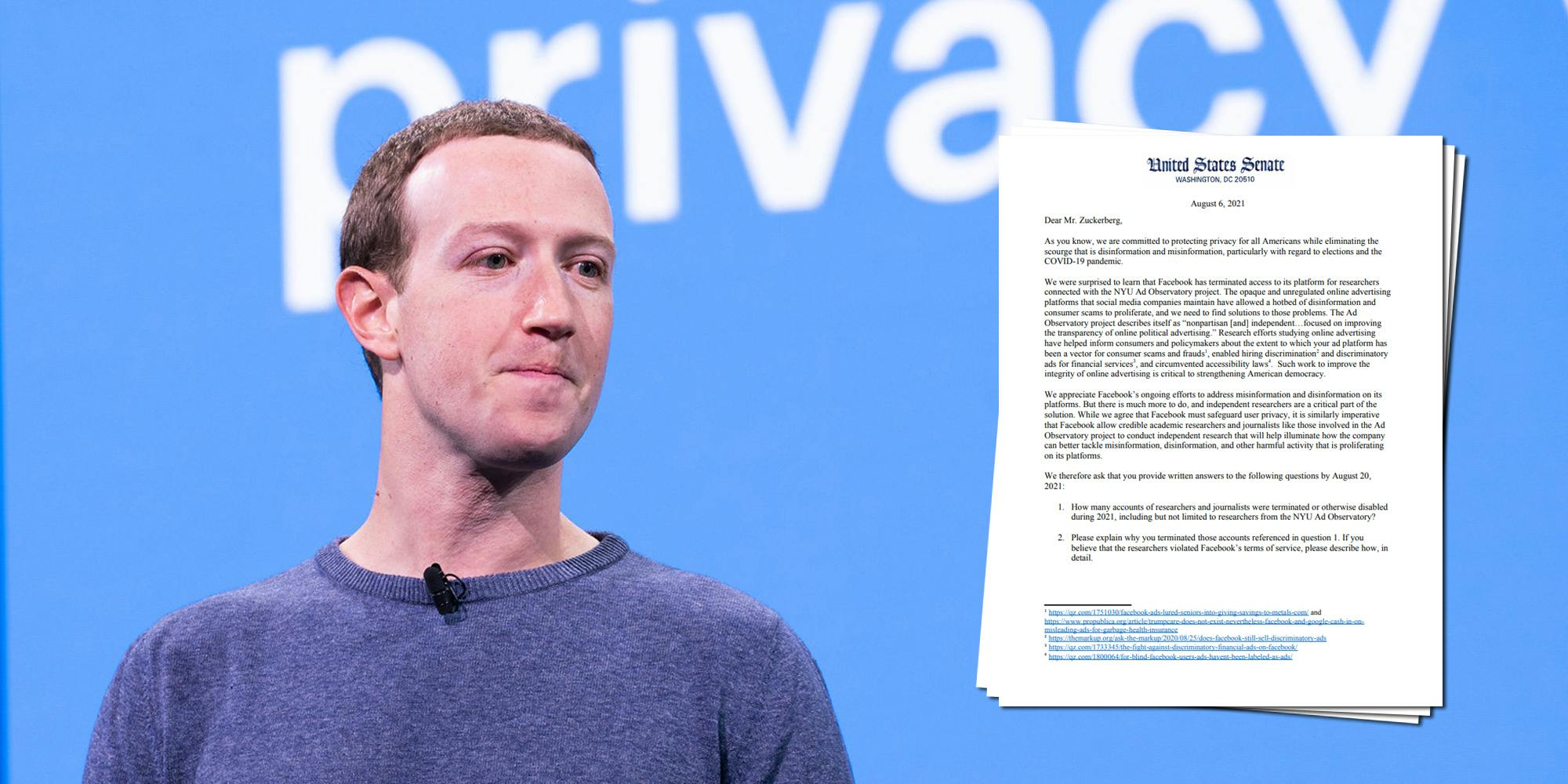 Facebook CEO Mark Zuckerberg next to a screenshot of a letter from Democratic senators asking for more answers about its decision to suspend the accounts of NYU researchers looking at political ads.