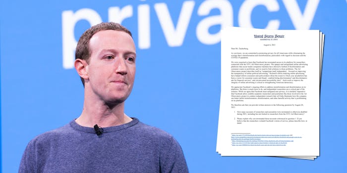 Facebook CEO Mark Zuckerberg next to a screenshot of a letter from Democratic senators asking for more answers about its decision to suspend the accounts of NYU researchers looking at political ads.