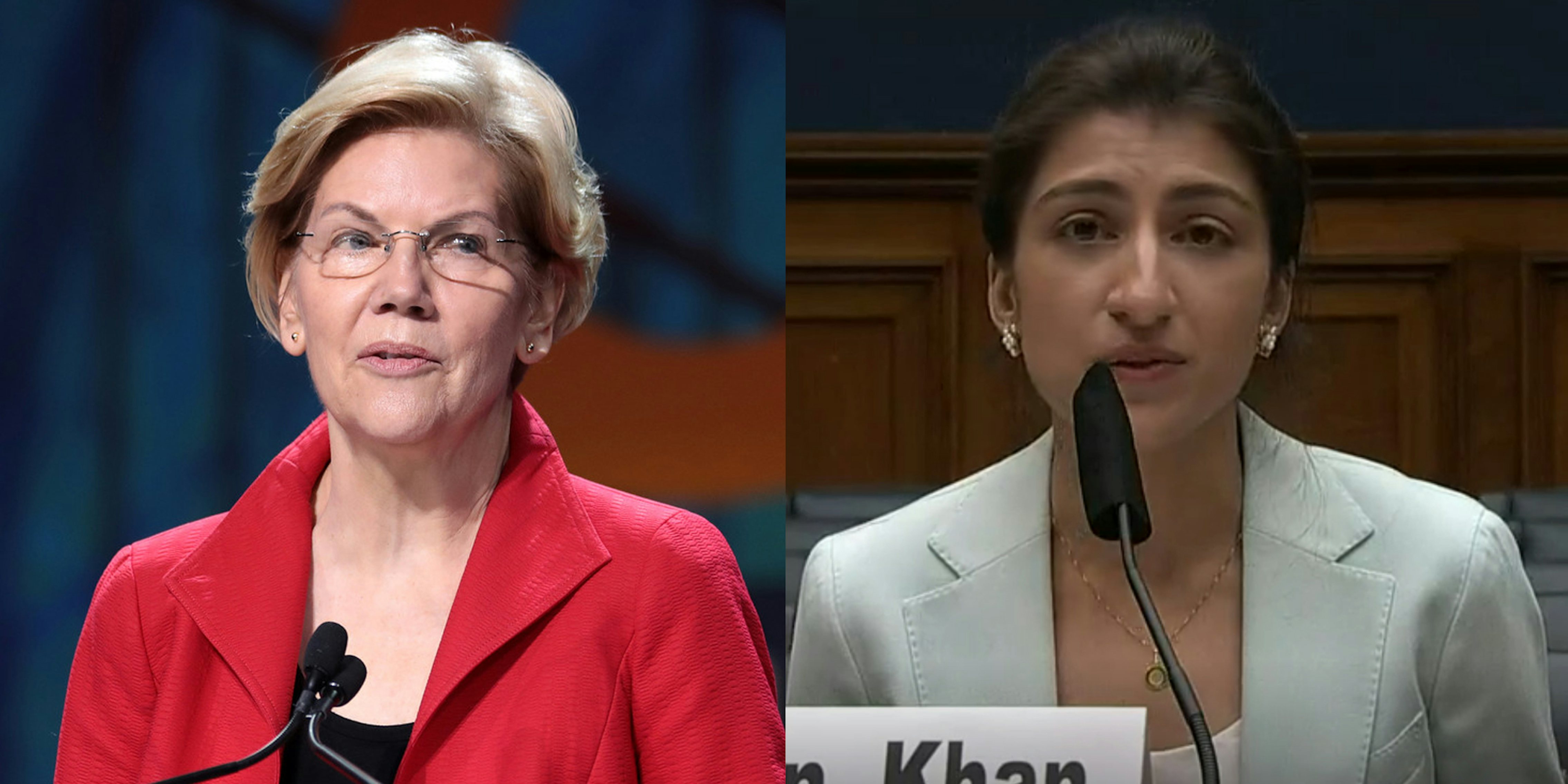 A side by side of Sen. Elizabeth Warren and FTC Chairwoman Lina Khan.