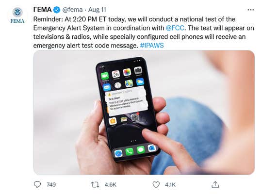 A tweet from FEMA about the Emergency Alert System.