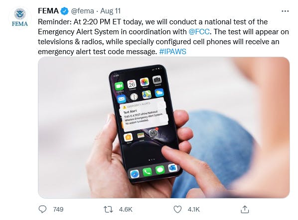 A tweet from FEMA about the Emergency Alert System.