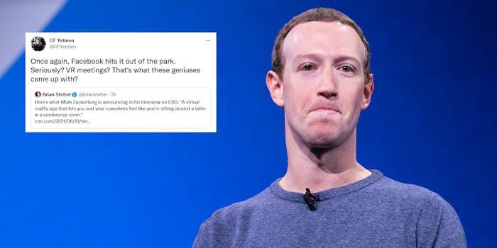 Facebook CEO Mark Zuckerberg next to a tweet mocking the company's VR workrooms announcement.