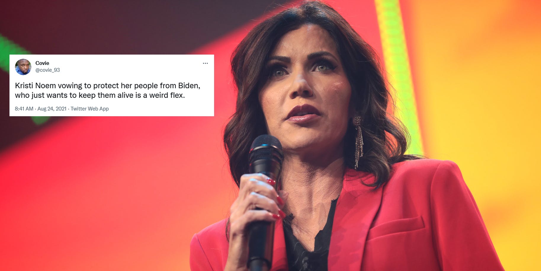 Kristi Noem next to a tweet criticizing her tweet about vaccine mandates.