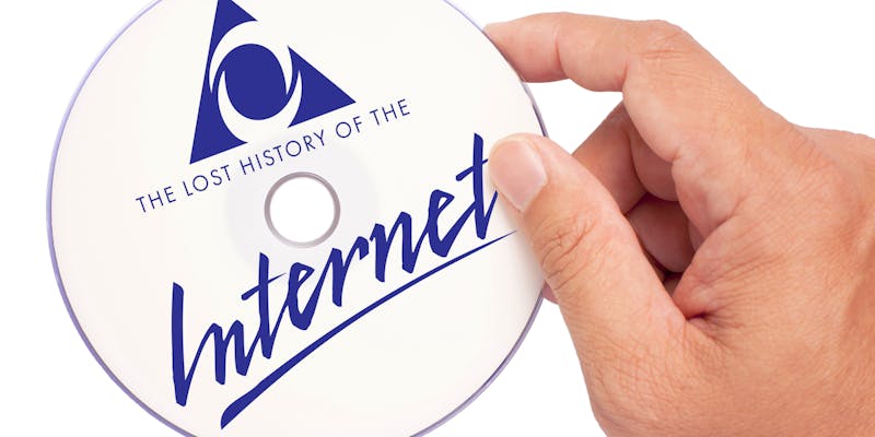 Hand holding CD with "The Lost History of the Internet" as AOL logo