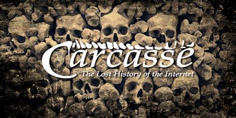 Wall of human skulls and bones with "Carcasse - The Lost History of the Internet"