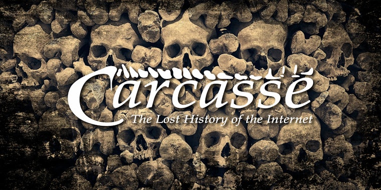 Wall of human skulls and bones with 'Carcasse - The Lost History of the Internet'