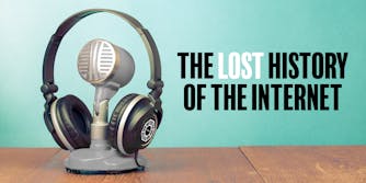 Headphones with DHARMA initiative logo on side perched on condenser microphone stand with caption "The LOST History of the Internet"