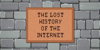 "The Lost History of the Internet" on wall plaque on stone wall in 8-bit style