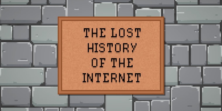 'The Lost History of the Internet' on wall plaque on stone wall in 8-bit style