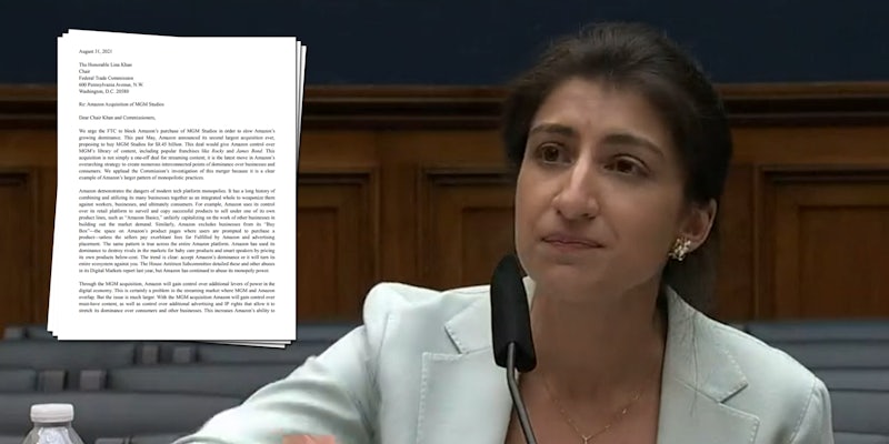 FTC Chairwoman Lina Khan next to a letter sent to her by advocacy groups asking for the FTC to block the proposed MGM Amazon deal.